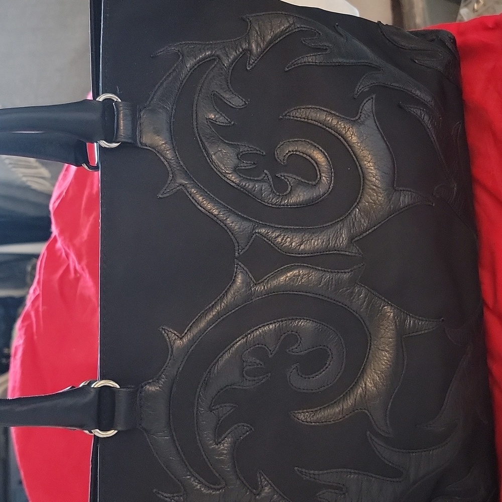 Black Nylon With Leather... Tote Bag with Embossed Design...BEAUTIFUL!!FINAL!